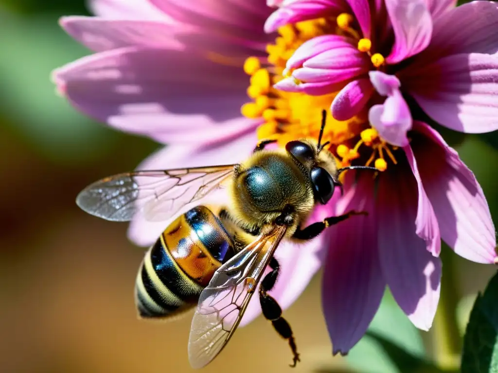 Una abeja polinizando una flor rosa vibrante, con cada detalle visible