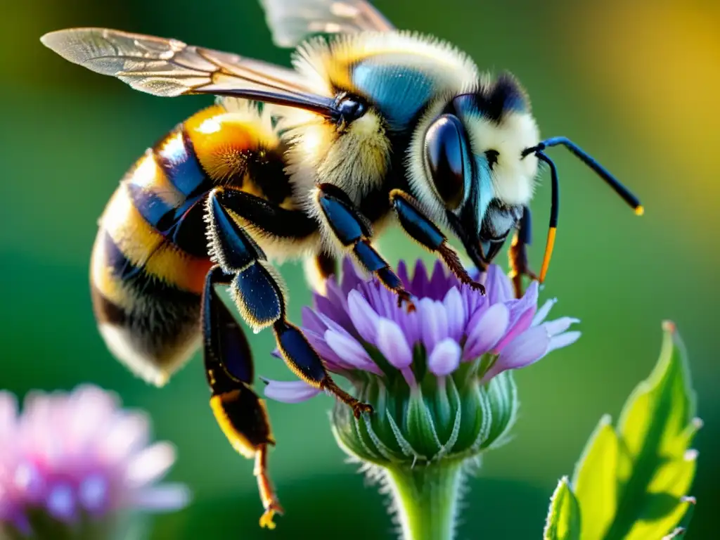 Una abeja aterrizando en una flor vibrante y llena de polen, con sus delicadas alas y cuerpo enfocados