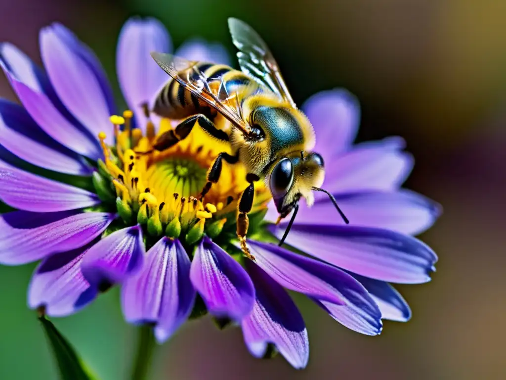 'Una abeja recolectando néctar de una flor violeta, resaltando la importancia de las abejas en ecología'