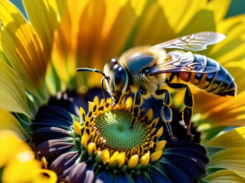 Un abeja recolectando néctar de un girasol, detallando su belleza y labor, en apoyo a la reproducción y desarrollo de abejas