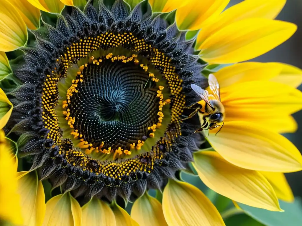 Una abeja recolectando néctar de un girasol, revelando los secretos del comportamiento insectil en una íntima y detallada imagen macro