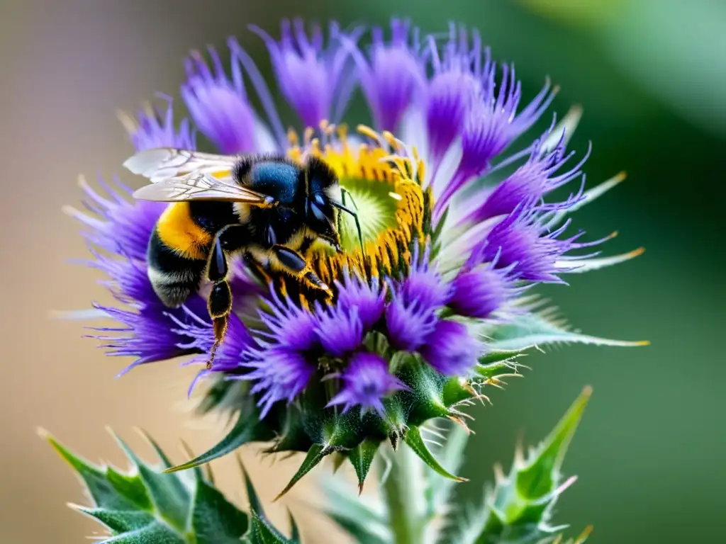 Una abeja polinizando una hermosa flor morada, resaltando la importancia de los insectos polinizadores en los ecosistemas globales