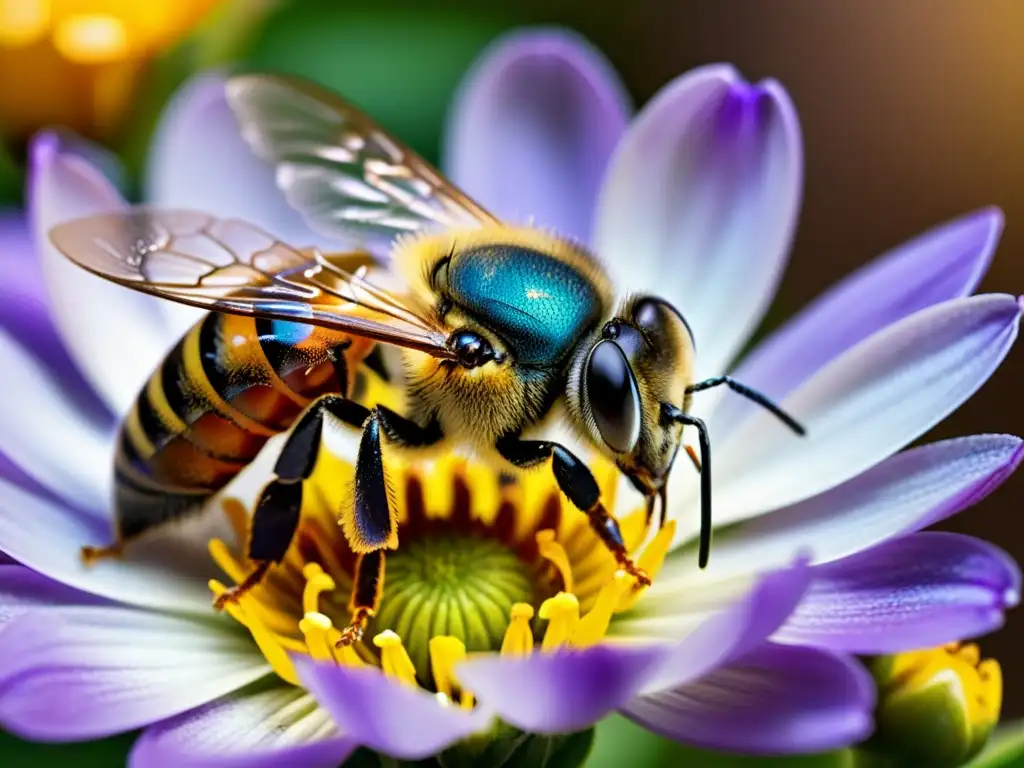 Una abeja melífera realiza el baile de la comunicación entomológica en una flor vibrante, con sus detalladas alas y pelo en primer plano