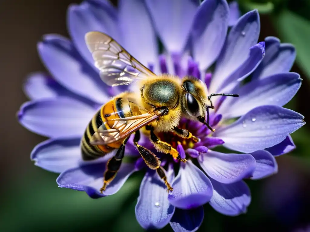 Una abeja melífera se posa en una flor de lavanda mientras bebe néctar