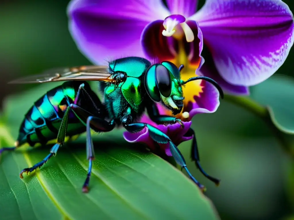 Una abeja orquídea metálica verde (Euglossa dilemma) descansa en una flor morada, resaltando la importancia de documentar la diversidad de insectos