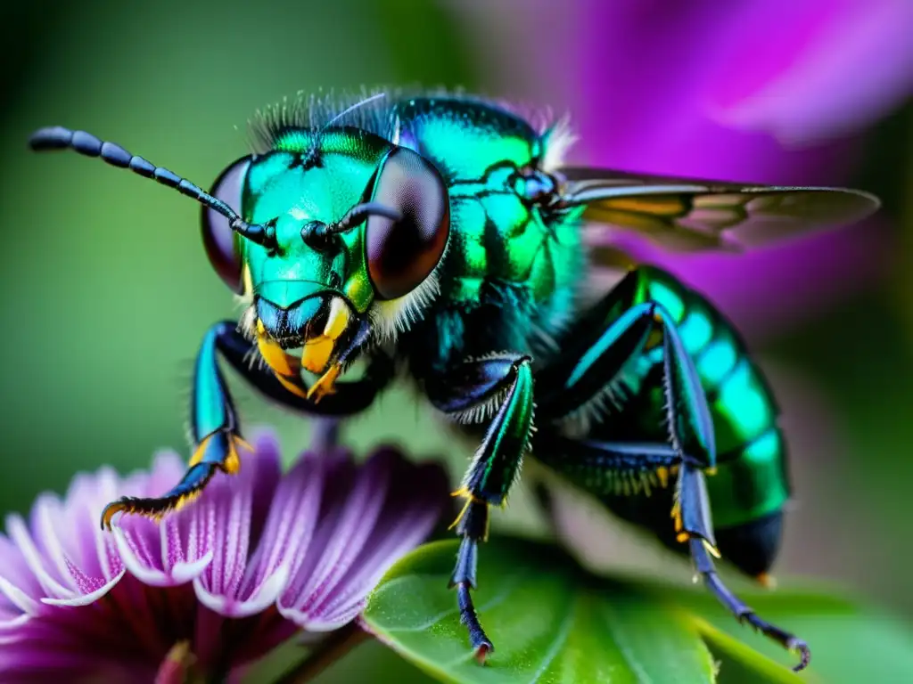 Una abeja orquídea metálica verde recolectando polen en una flor morada, destacando las características únicas de insectos asombrosos