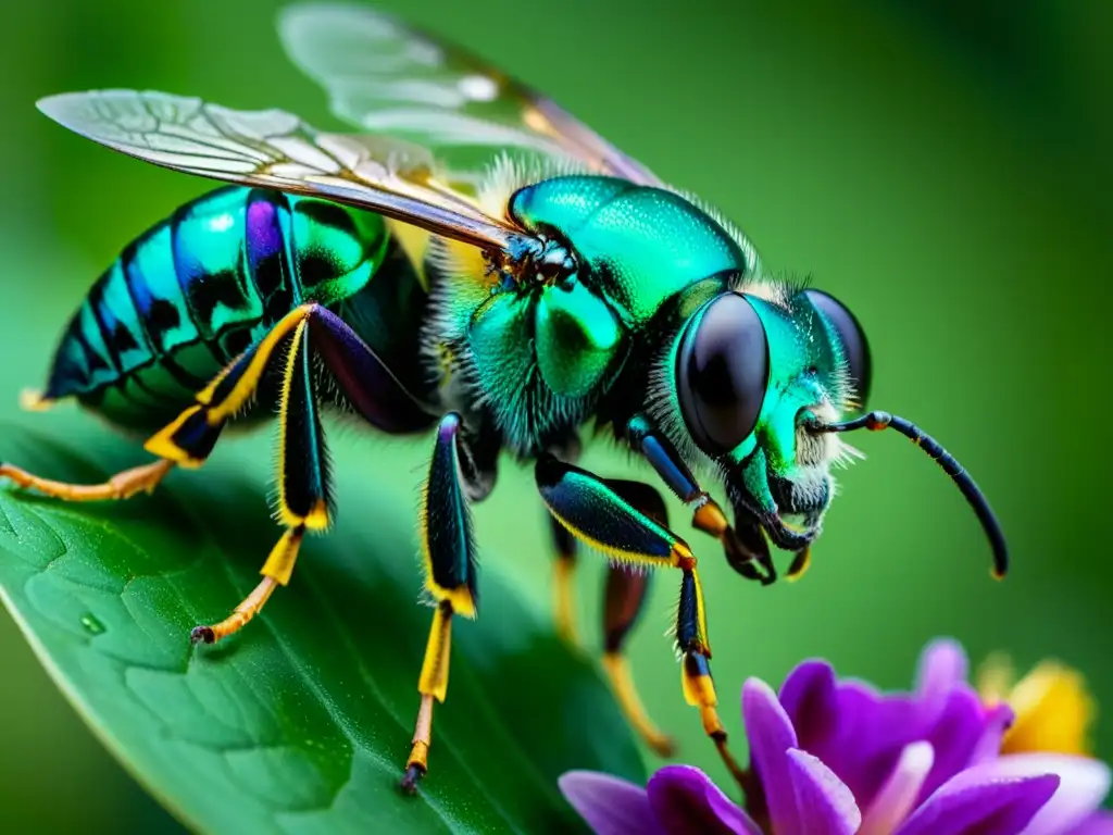 Una abeja orquídea metálica verde vibrante recolectando néctar en una flor púrpura con su delicada estructura alada