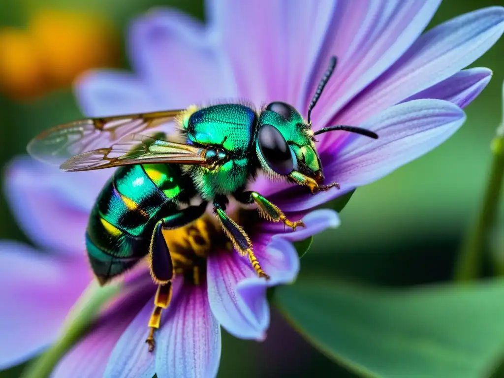 Una abeja orquídea metálica verde vibrante descansa en una delicada flor silvestre morada, sus alas iridiscentes brillan con el sol