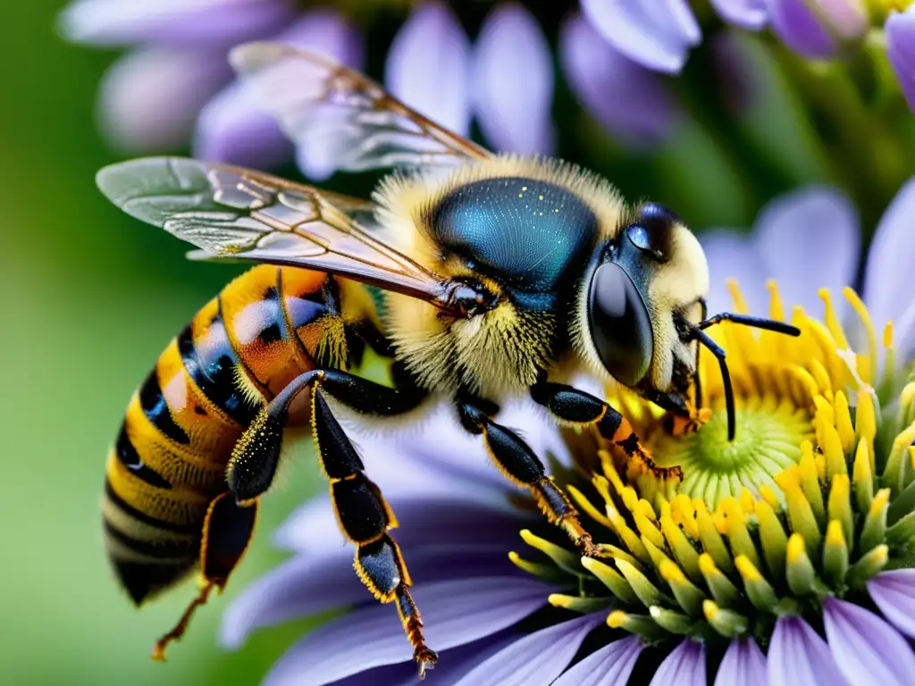 Una abeja obrera cubierta de polen en pleno vuelo, transferencia de polen entre flores, funciones insectos obreros colmena