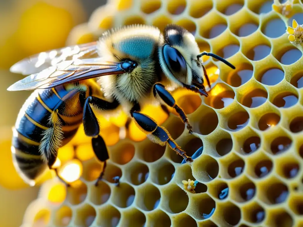 Una abeja obrera inspecciona con cuidado celdas de panal llenas de néctar dorado, mostrando la reproducción y desarrollo de abejas