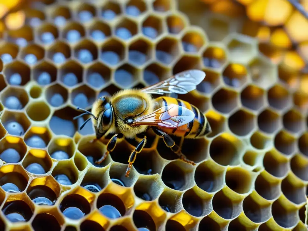 Una abeja obrera en un panal, mostrando sus funciones en la colmena con detalles vibrantes