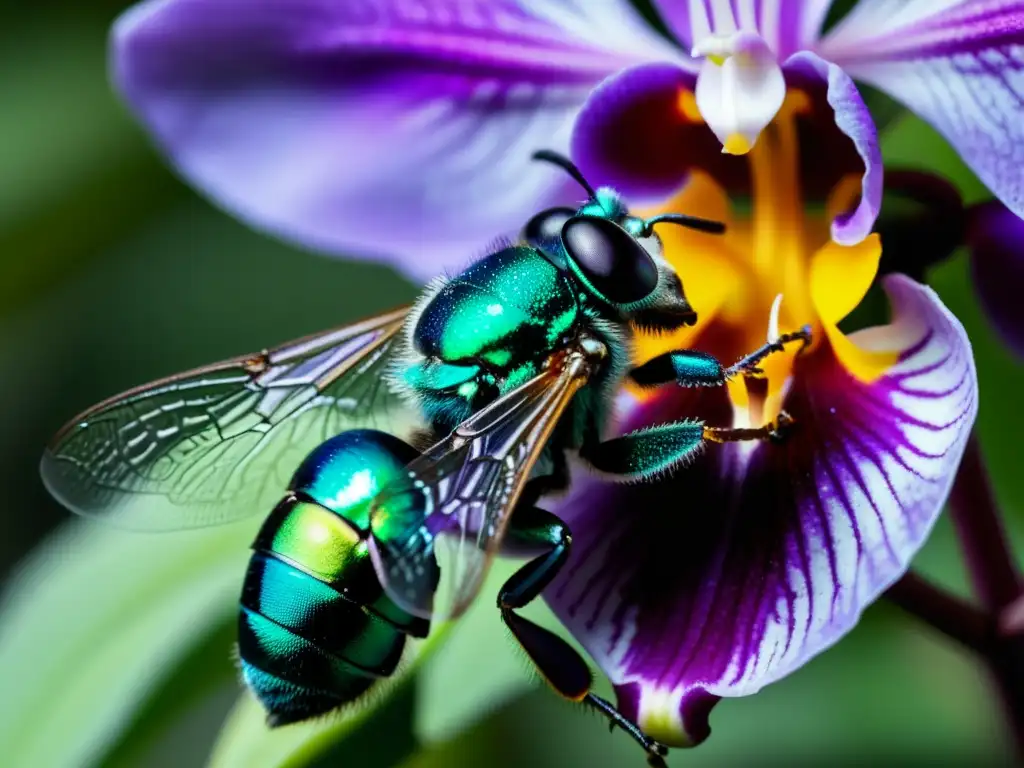 Una abeja orchidácea metálica verde brillante revoloteando sobre una orquídea morada vibrante, con sus alas iridiscentes congeladas en medio vuelo