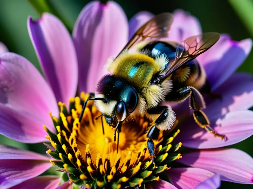 Una abeja peluda cubierta de polen dorado, delicadamente equilibrada en el estambre de una flor