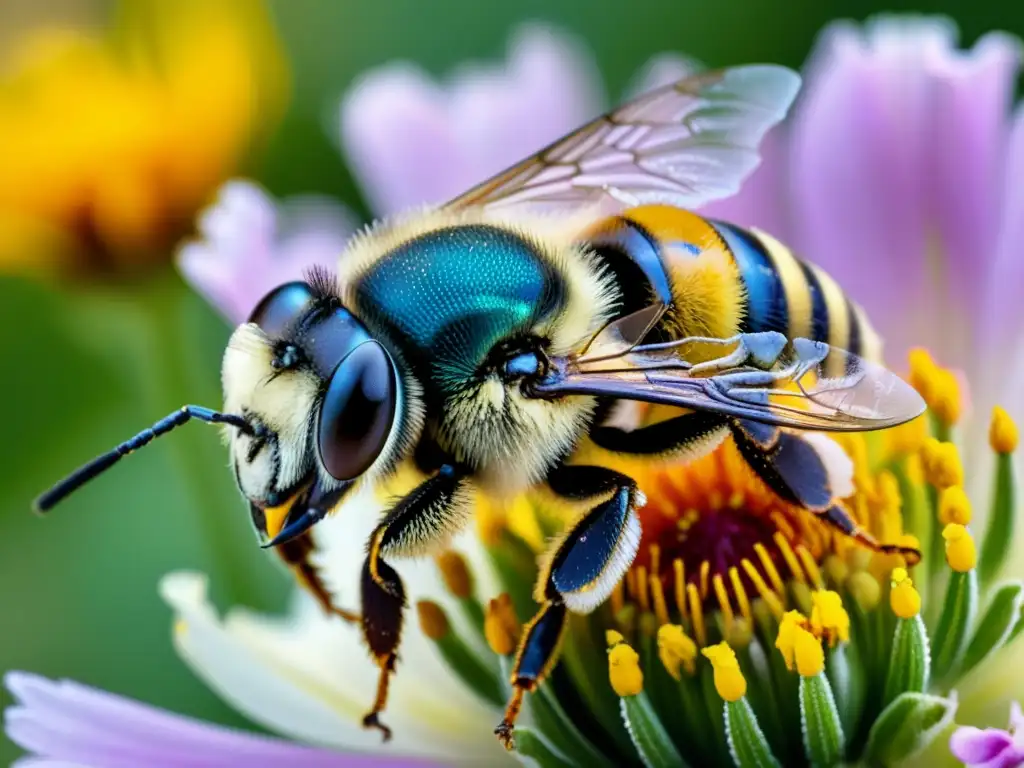 Una abeja en pleno vuelo, cubierta de polen, junto a una flor en detalle, destacando la relación con estrategias para salvar polinizadores