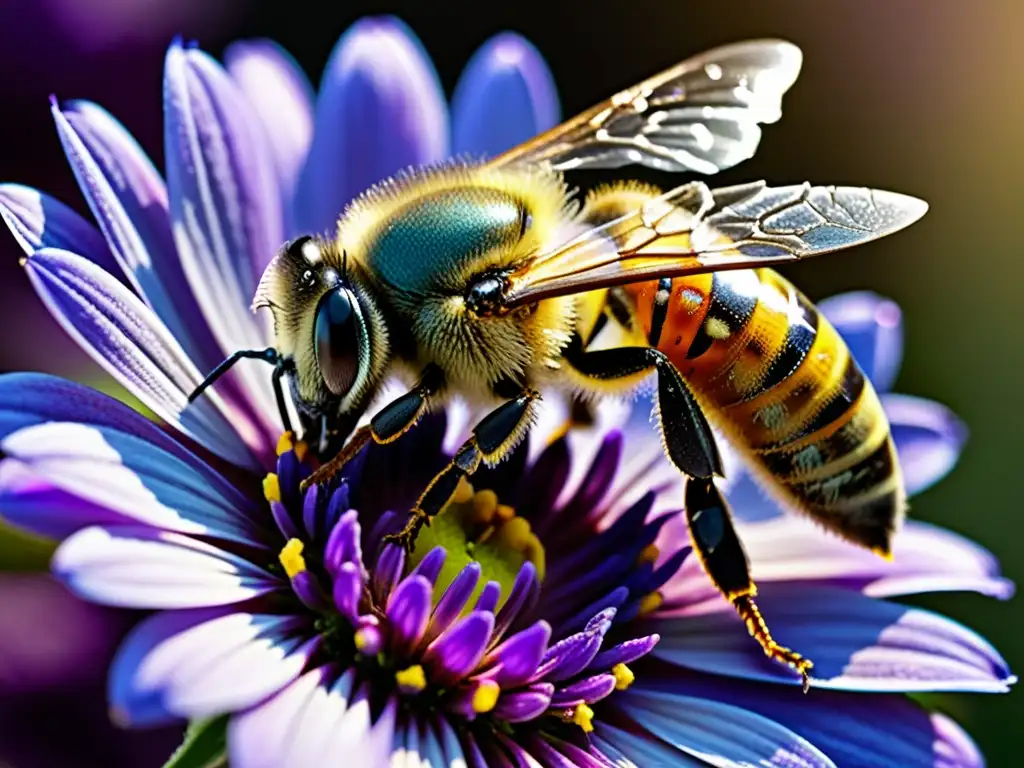 Una abeja recolectando polen de una colorida flor morada