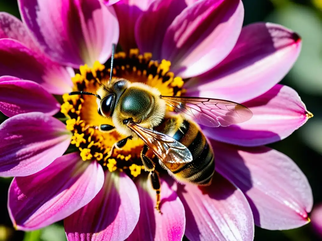 Una abeja recolectando polen en una flor rosa, con sus alas delicadas al sol