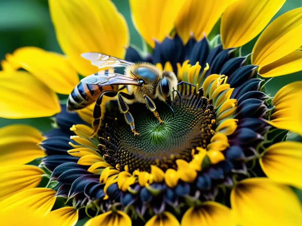 Una abeja recogiendo polen de una flor de girasol, mostrando la belleza natural y la relación simbiótica