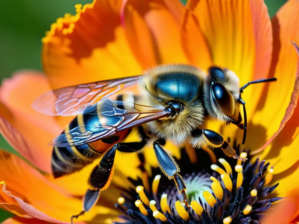 Una abeja recolectando polen en una flor de amapola, resaltando la importancia de las prácticas agrícolas para polinizadores