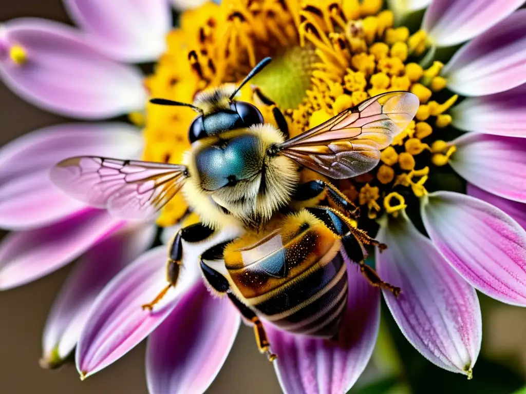 Una abeja recolectando polen en una flor, resaltando la importancia de proteger a los polinizadores de los pesticidas