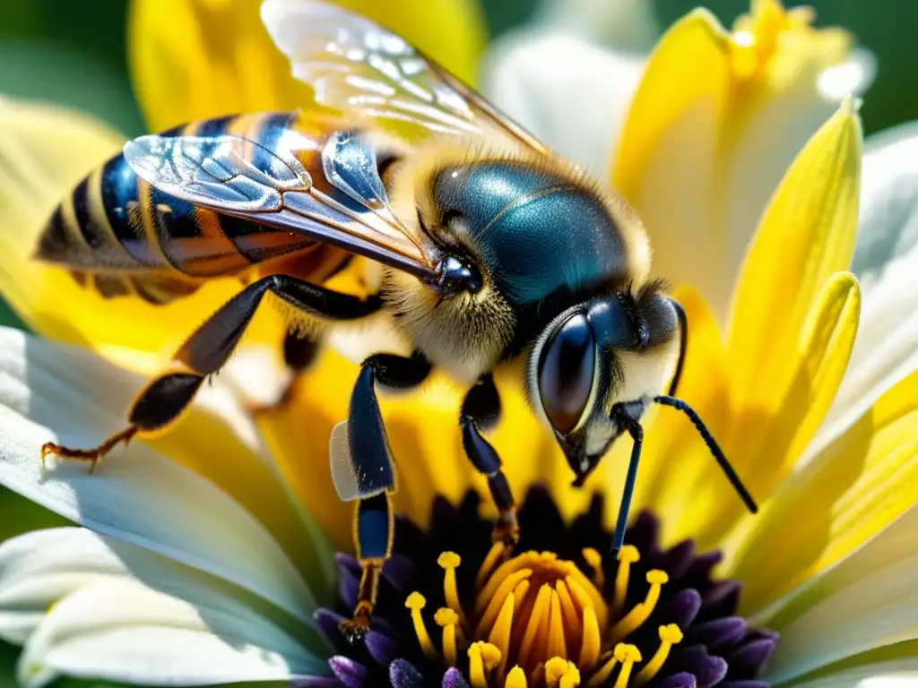 Una abeja recolectando polen de una flor, mostrando la importancia de los insectos en ecología