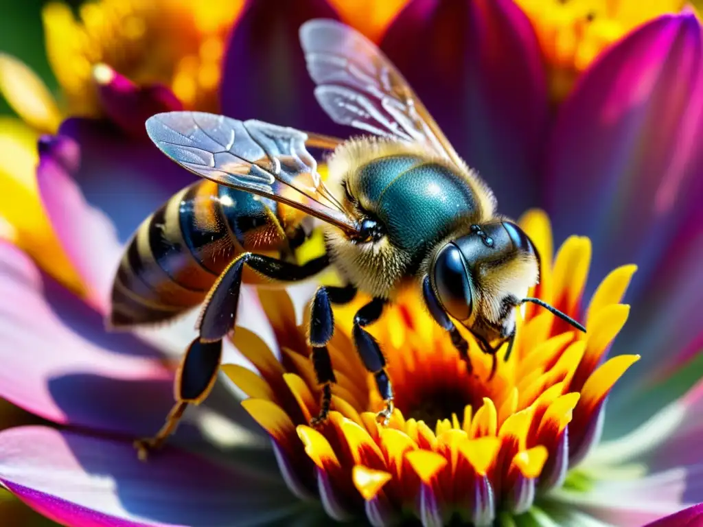 Una abeja recolectando polen en una flor, destacando la importancia cultural de los insectos en la naturaleza