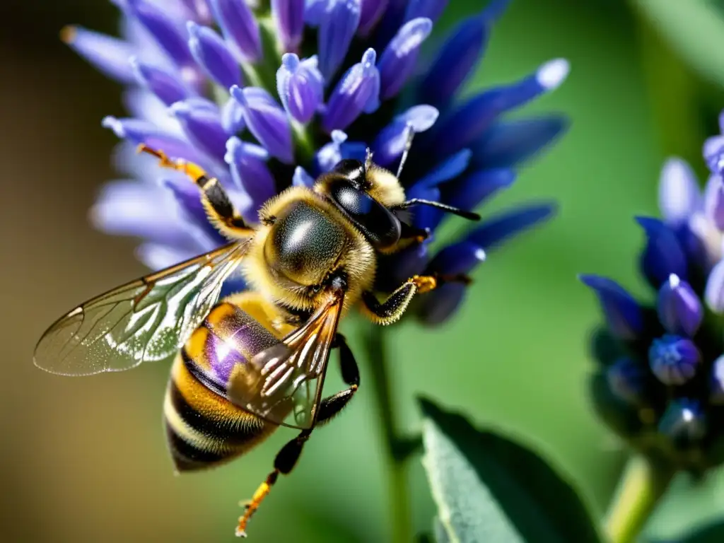 Una abeja recolecta néctar y polen de una flor de lavanda morada, resaltando la importancia de los insectos en agricultura regenerativa