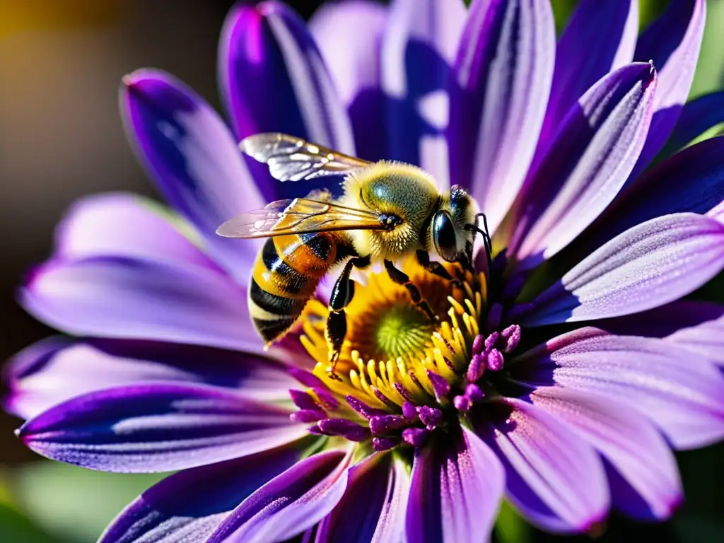 Una abeja recogiendo polen de una flor morada, con detalles ultradetallados de las alas, el cuerpo peludo y los granos de polen