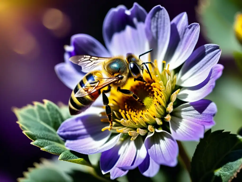 Abeja recolectando polen de una flor morada, resaltando la belleza natural y la relación simbiótica entre insectos y plantas, aportes de la entomología a la medicina