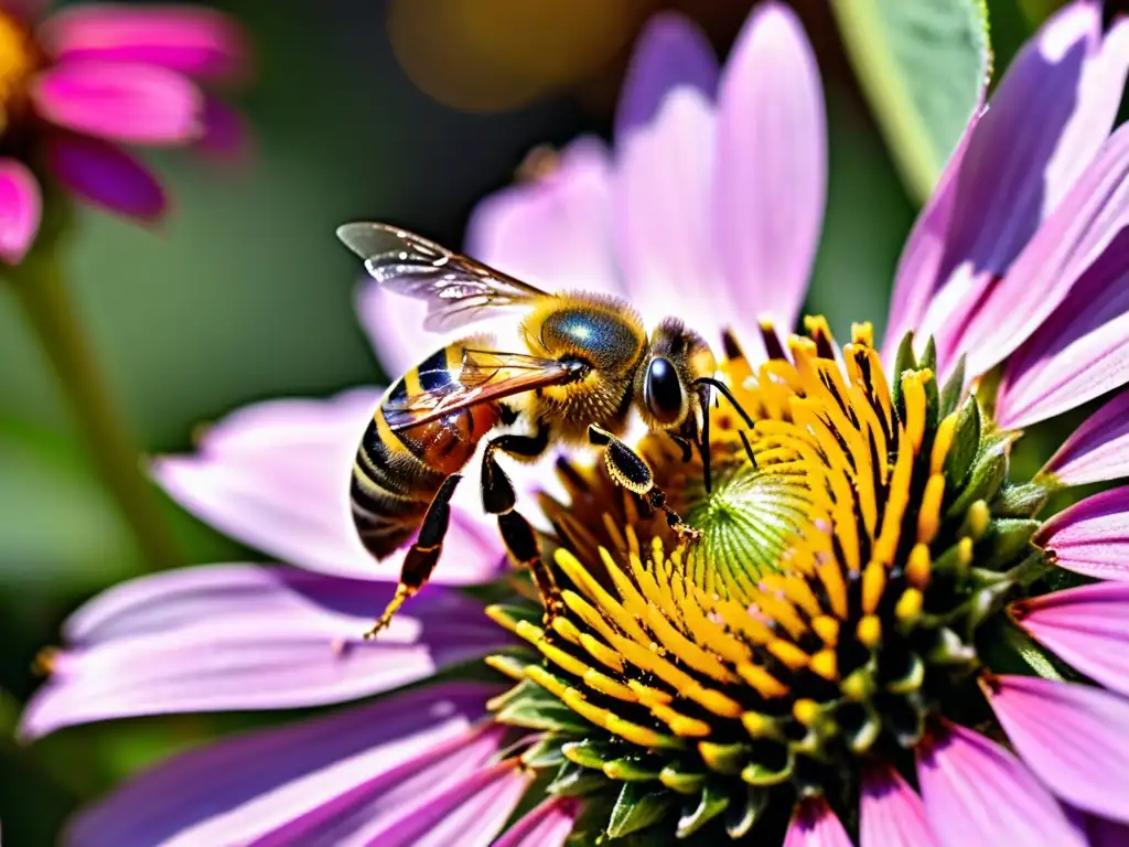 Una abeja recolectando polen de una flor morada, mostrando el comportamiento de los insectos en agricultura en un entorno etéreo y cálido