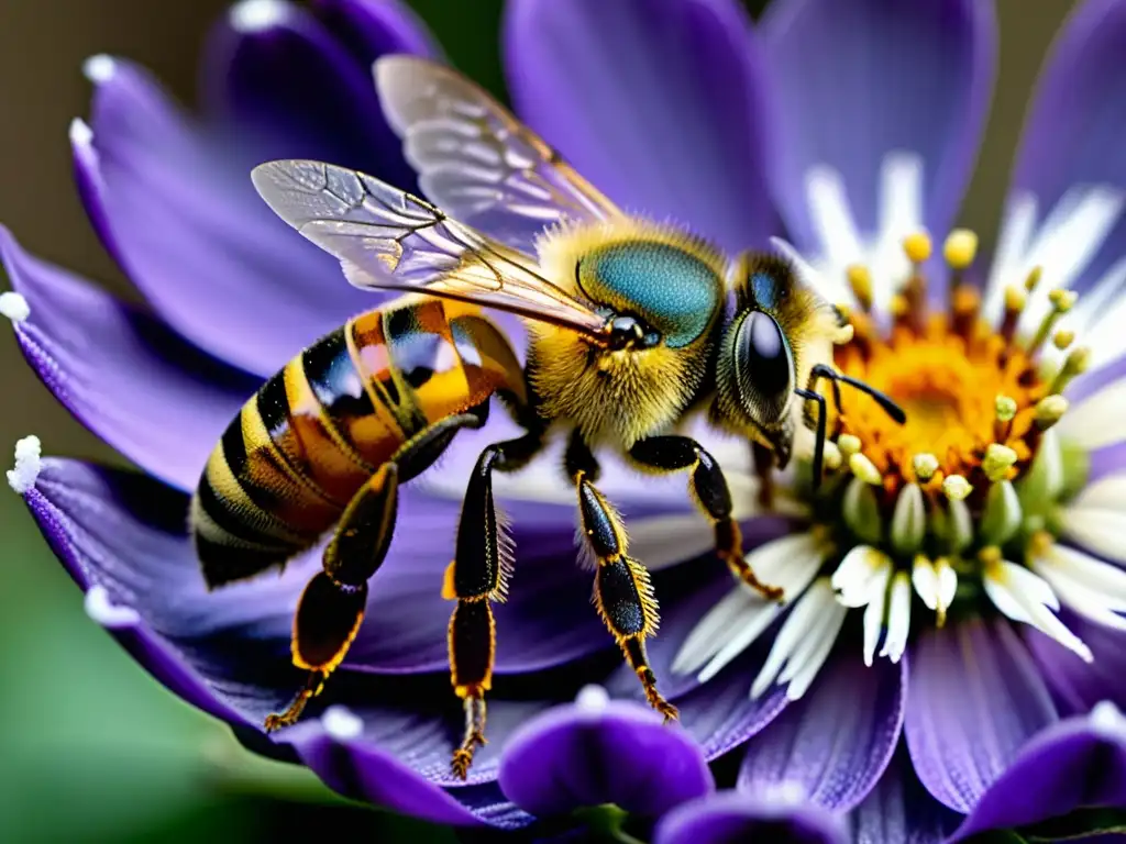 Una abeja recolectando polen de una flor morada, resaltando la importancia de los polinizadores en los ecosistemas globales