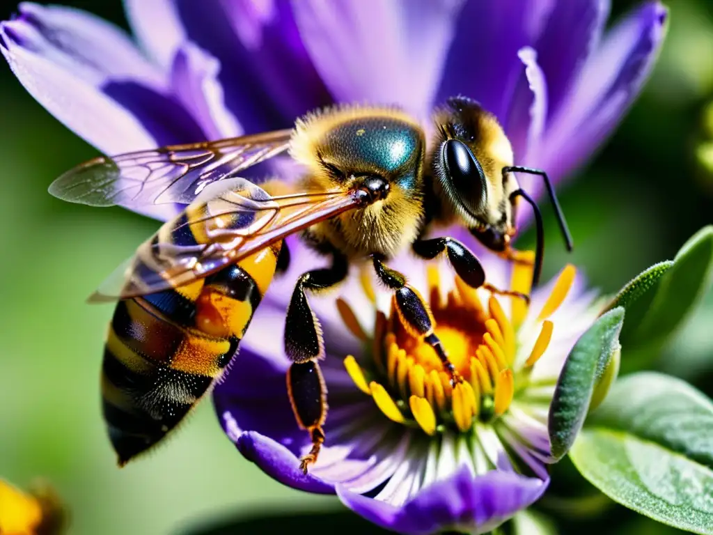 Una abeja recolecta polen de una flor morada mientras la luz del sol brilla a través de los pétalos
