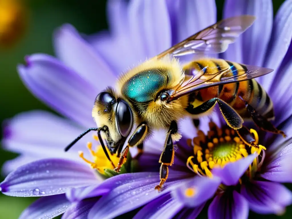 Una abeja recolecta polen de una flor morada, resaltando la importancia de las abejas en ecología