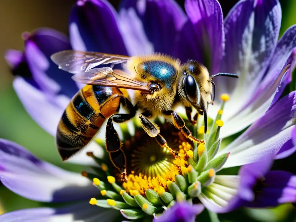 Una abeja recolectando polen en una flor morada