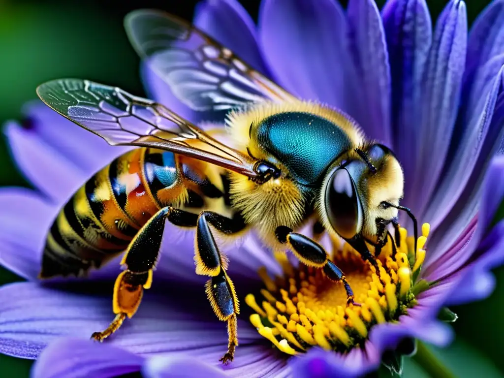 Una abeja recolectando polen en una flor morada, detallando la belleza de los ciclos circadianos de los insectos