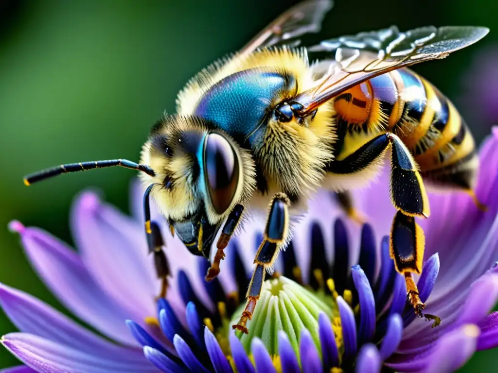 Una abeja recolectando polen de una flor silvestre morada, mostrando la simbiosis crucial entre las abejas y la agricultura mundial