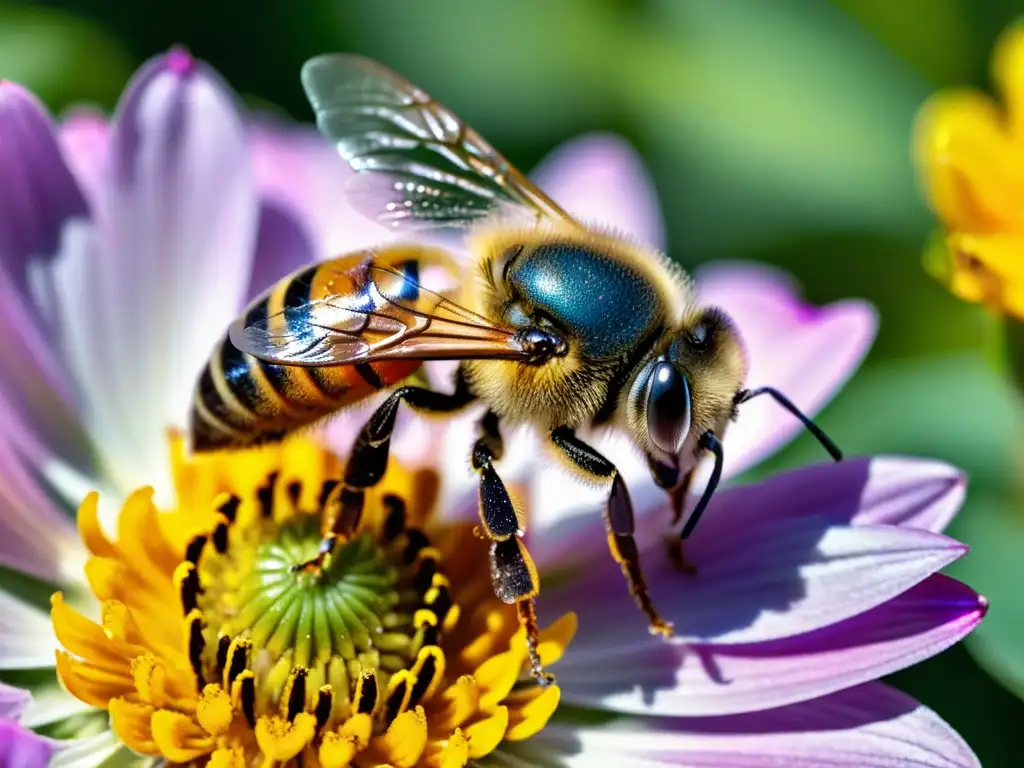 Una abeja recolectando polen de una flor vibrante, resaltando la importancia de la apicultura urbana