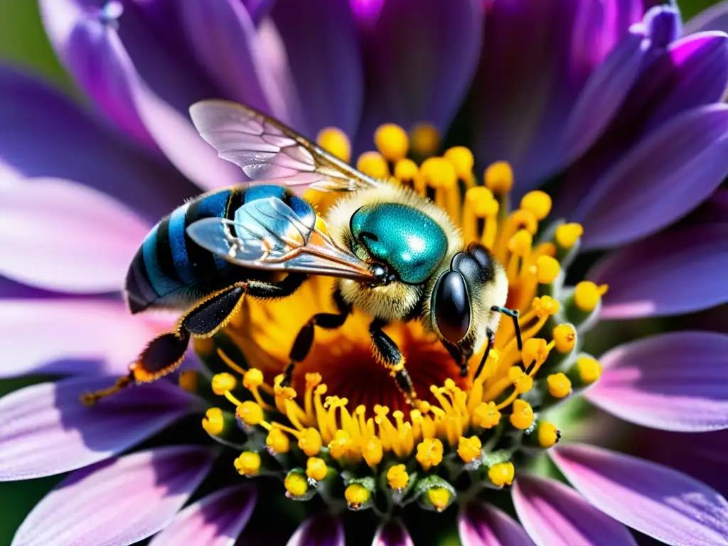 Una abeja recolecta polen de una flor vibrante, resaltando la importancia de los polinizadores en el ecosistema y los efectos de los pesticidas