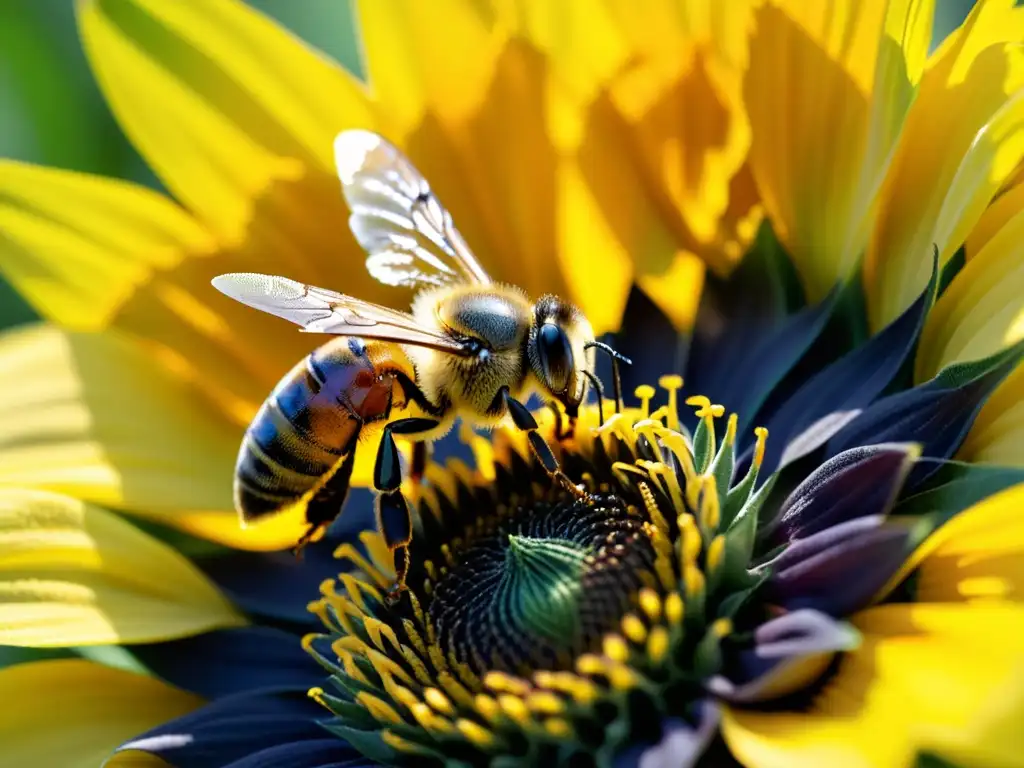 Una abeja recolecta polen de un girasol, resaltando la importancia de abejas en polinización