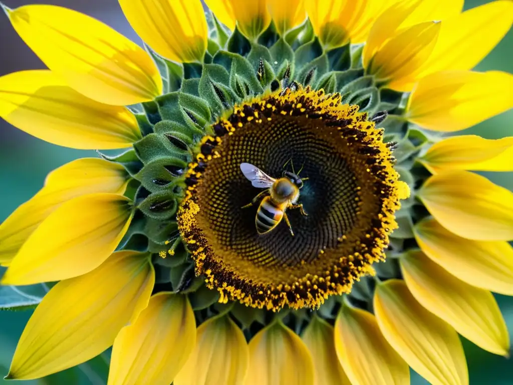 Una abeja recolectando polen en un girasol, vital para la protección de insectos en la polinización agrícola