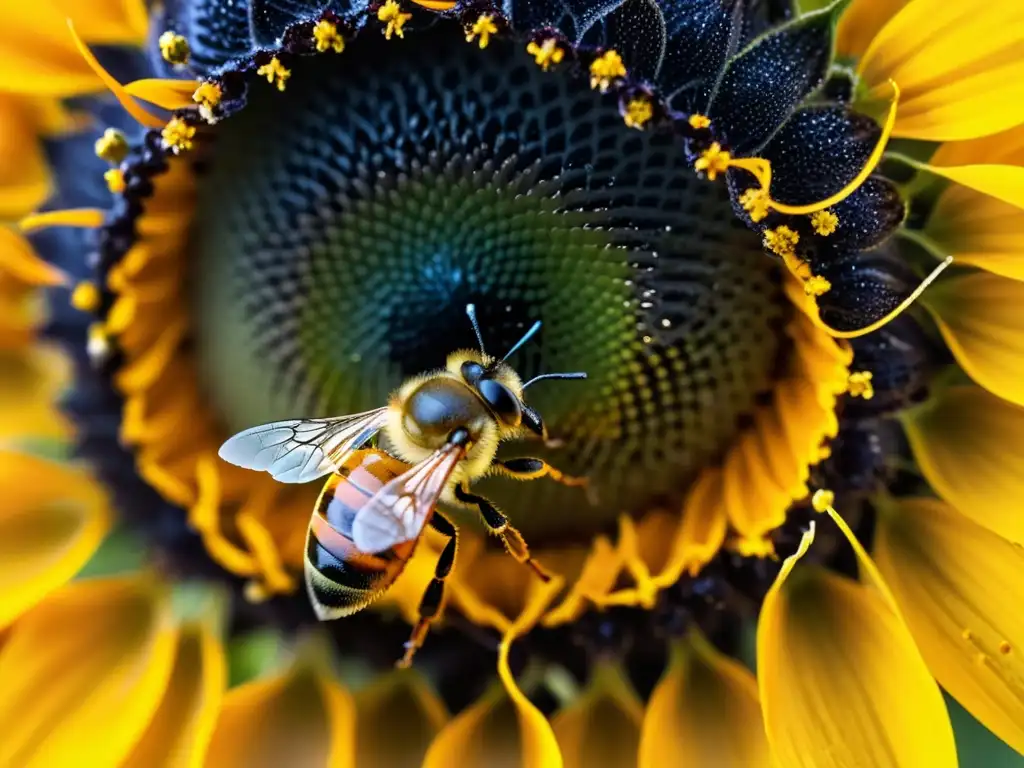 Una abeja recolectando polen de un girasol