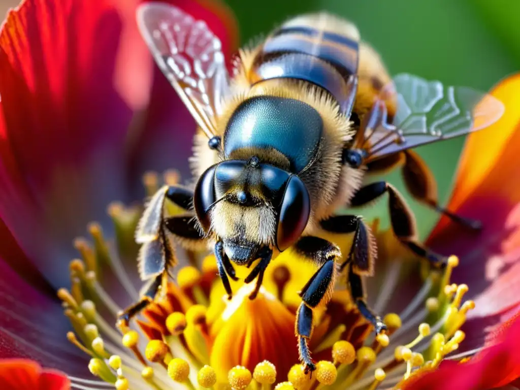 Una abeja polinizadora con alas transparentes cubiertas de polen dorado, revolotea sobre una flor de amapola roja