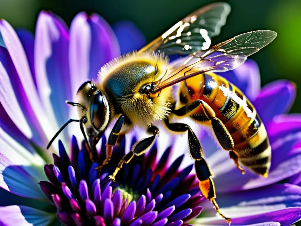 Una abeja melífera en primer plano sobre una flor morada, extendiendo su lengua para recolectar néctar