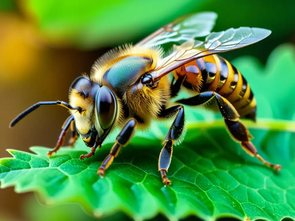 Una abeja recolectando propóleo dorado de una hoja verde, resaltando la relación entre la abeja y el propóleo