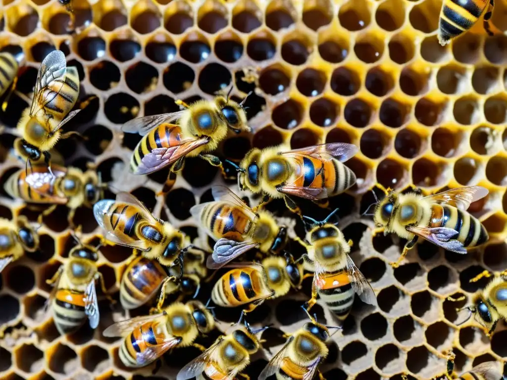 Una abeja reina rodeada de obreras en una colmena bulliciosa, mostrando la importancia de la abeja reina en el ecosistema