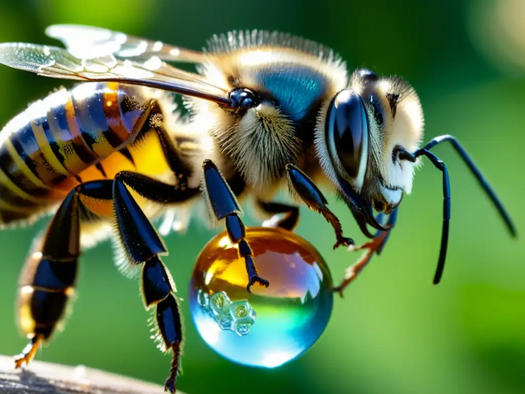 Una abeja recolecta resina de un árbol, destacando sus delicadas alas