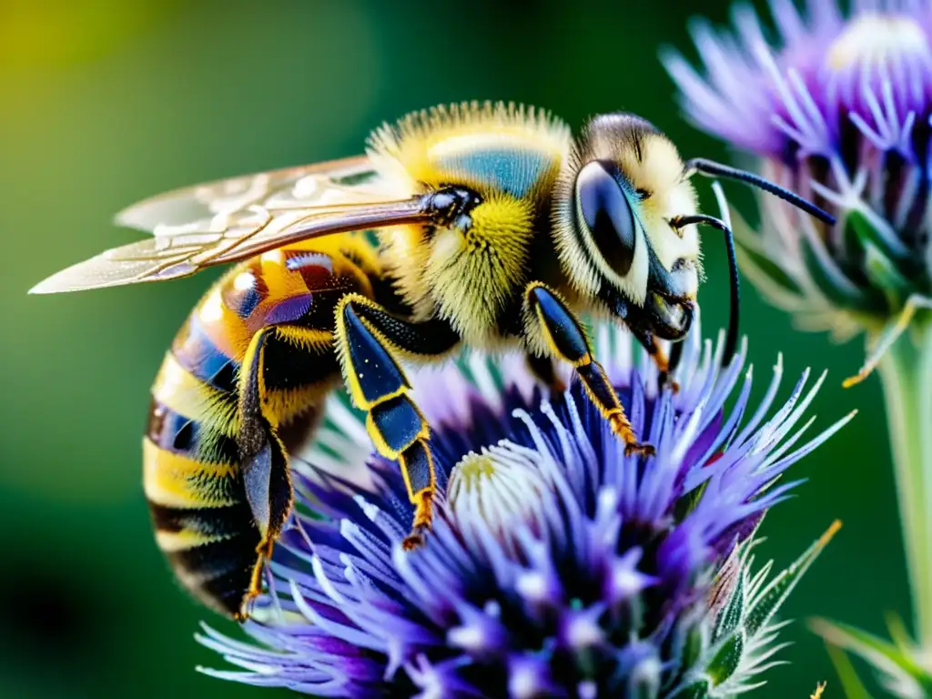 Una abeja silvestre cubierta de polen, polinizador vital para el rendimiento de los cultivos, revolotea sobre una flor de cardo púrpura vibrante