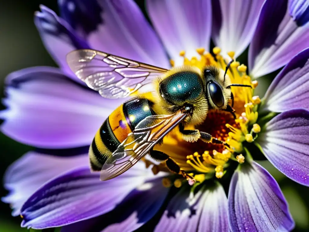 Una abeja silvestre cubierta de polen revolotea sobre una flor morada en una escena vibrante