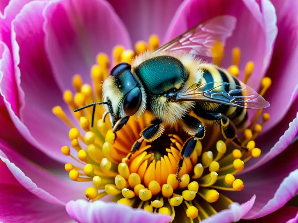 Una abeja silvestre cubierta de polen amarillo, posada delicadamente sobre un peonía rosa