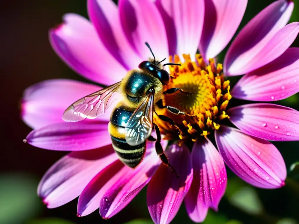 Una abeja silvestre polinizando una flor rosada, con detalles ultradetallados de sus alas y cuerpo cubierto de polen