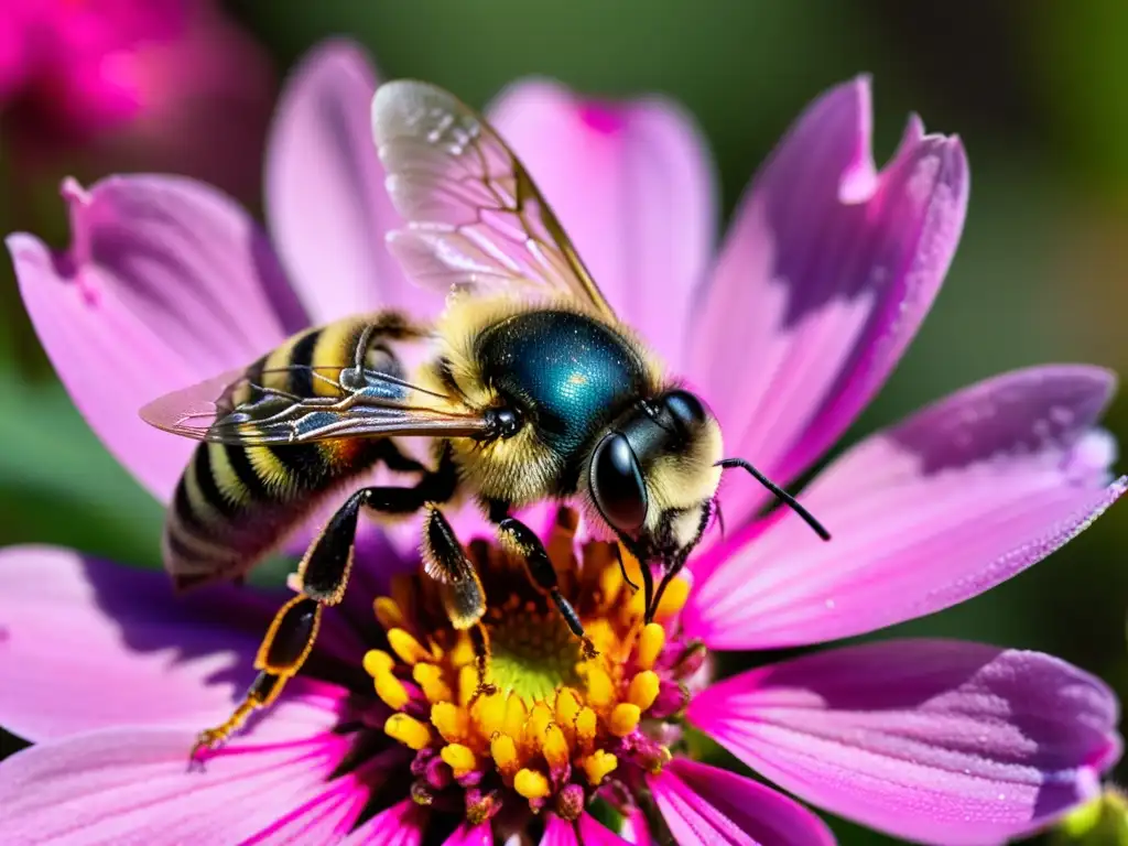 Una abeja silvestre revolotea sobre una vibrante flor rosa, con polen en su cuerpo peludo